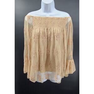 Paradiso Boho embroidered lace detail peasant flare sleeve womens top Size small